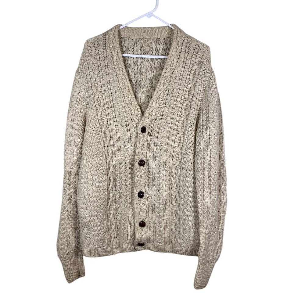 Vintage Cable Knit Sweater L Butter Yellow Leather Button Fisherman Grandpa 80s